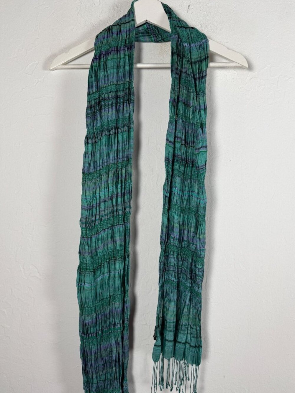 Eileen Fisher Green Striped Pleated Silk Scarf With Fringe 72" X 9" Made In Indi